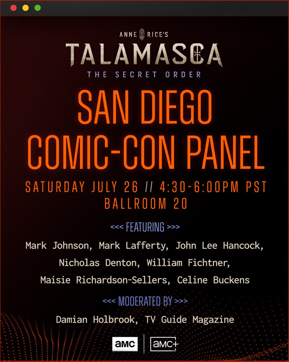 AMCsAnneRice's tweet image. Anne Rice's Immortal Universe is returning to San Diego.
Join us at #SDCC25 for the official #InterviewWithTheVampire and #TALAMASCA: The Secret Order panels, moderated by TV Guide Magazine's Damian Holbrook, July 26 starting at 4:30pm PT in Ballroom 20.