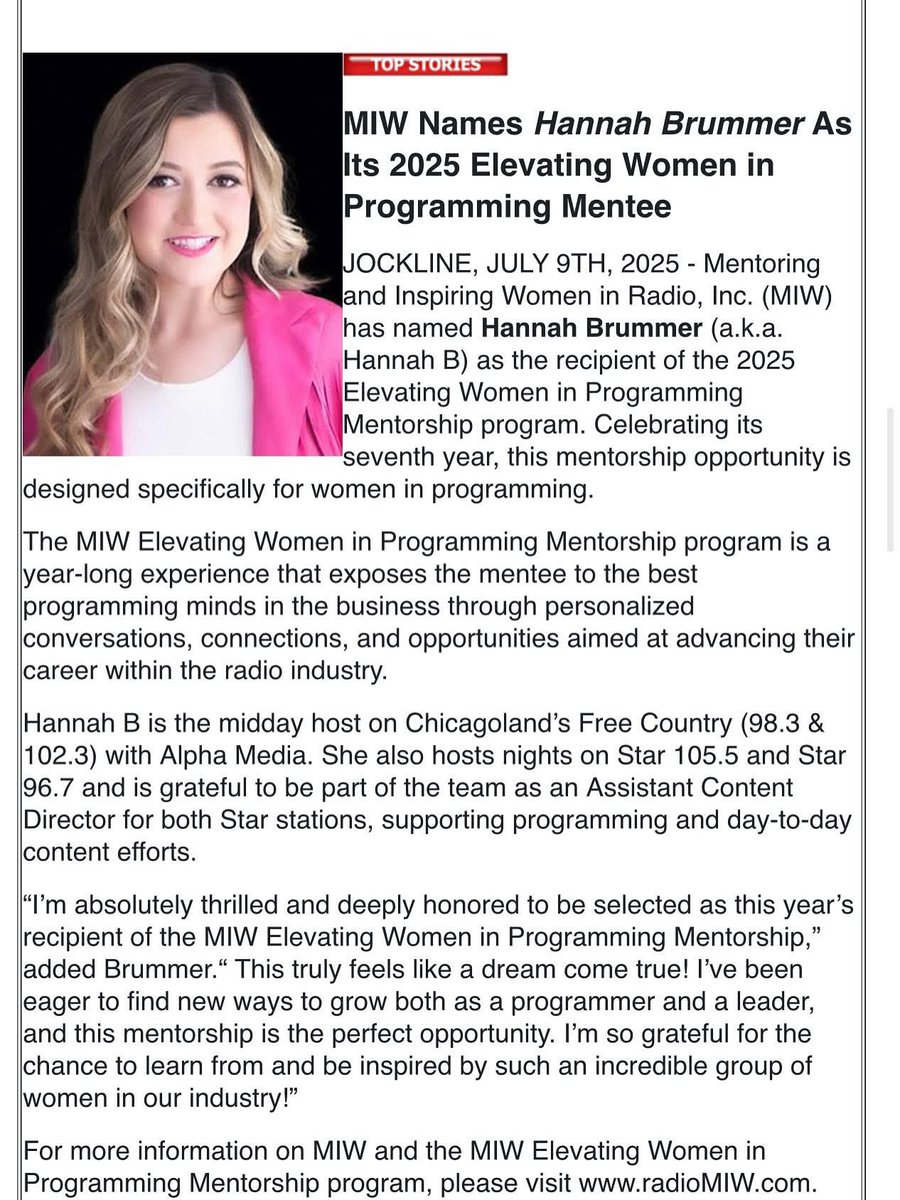 Hannah B (@hannahbonair) on Twitter photo I’m incredibly honored and excited to share that I’ve been selected as the 2025 recipient of the Elevating Women in Programming Mentorship! This opportunity is truly a dream come true! Thank you <a href="/miw_radio/">Mentoring & Inspiring Women in Radio Inc.</a> for believing in me! ✨ 🎙️ I’m incredibly honored and excited to share that I’ve been selected as the 2025 recipient of the Elevating Women in Programming Mentorship! This opportunity is truly a dream come true! Thank you <a href="/miw_radio/">Mentoring & Inspiring Women in Radio Inc.</a> for believing in me! ✨ 🎙️
