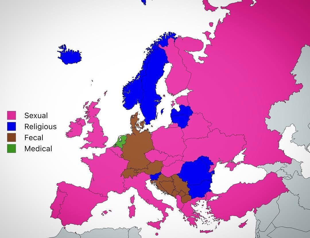 Nature of most commonly used swear words across Europe

Anyone from Netherlands can explain? 😁
