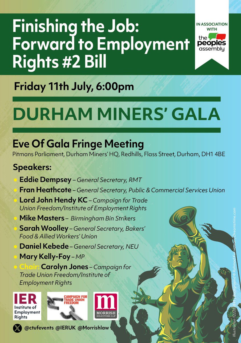 IERUK's tweet image. Last minute reminder that our Eve of @DurhamGala fringe event starts at 6pm in @RedhillsDurham. We will be discussing building towards a second Employment Rights Bill, with a brilliant line up of speakers. For full details, see our website 👉 fb.me/e/6qz65mH6j