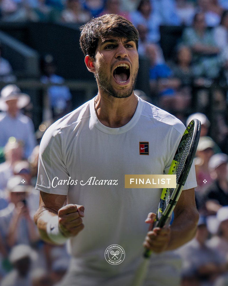 20 Wimbledon wins in a row ✨

Carlos Alcaraz defeats Taylor Fritz 6-4, 5-7, 6-3, 7-6(6) to reach his third consecutive #Wimbledon final