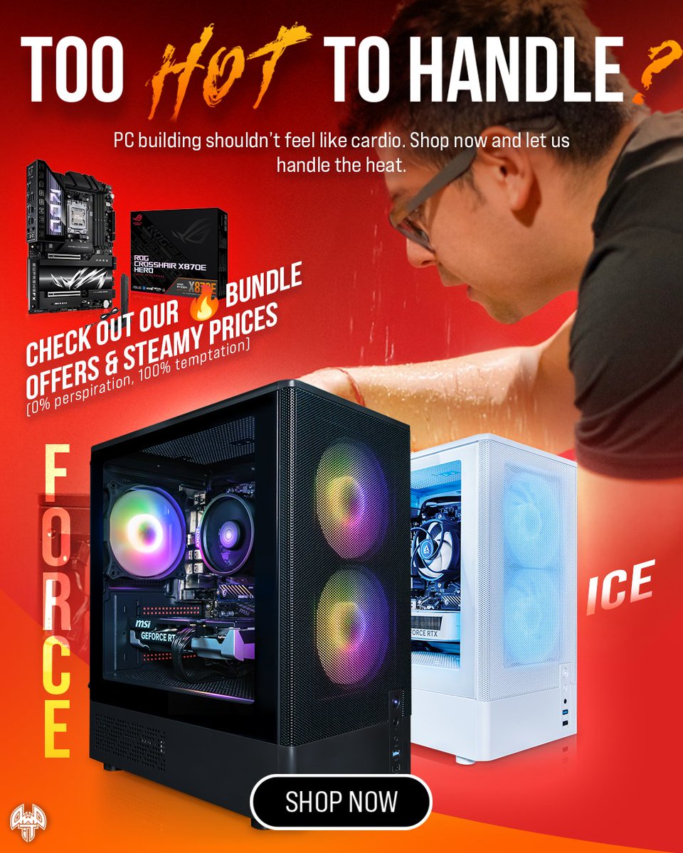 awdit's tweet image. TOO HOT TO HANDLE? 🔥
Building a PC shouldn’t feel like a full-body workout.
If your forehead’s dripping more than your thermal paste, maybe it’s time to let us step in.
Our FORCE and ICE systems are ready to go, order before 4PM (Mon–Fri) and you’ll get them ready to game it…