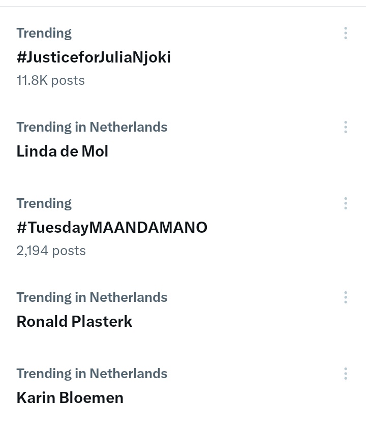 #JusticeForJuliaNjoki is trending at 11.8k posts.

We can push it to 100k posts.

Reply to this post with the #JusticeForJuliaNjoki