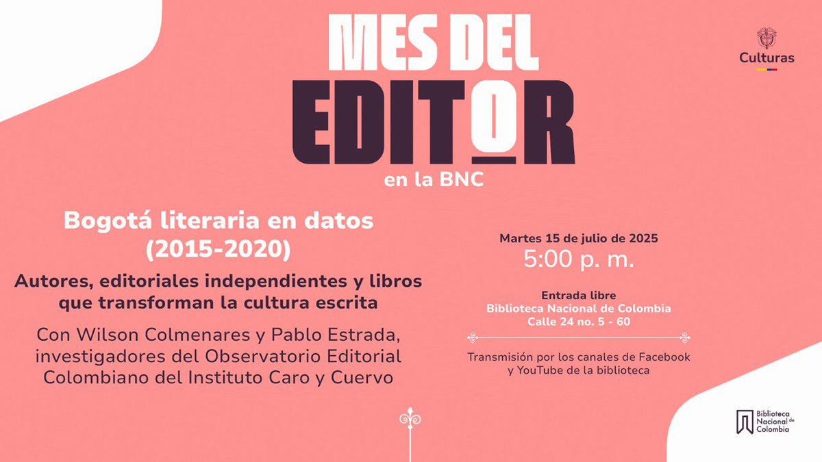 El Observatorio Editorial Colombiano del Instituto Caro y Cuervo presentará, en el marco del Mes del Editor de la Biblioteca Nacional, los resultados de una investigación pionera que preserva el patrimonio bibliográfico con datos abiertos enlazados. caroycuervo.gov.co/bogota-literar…