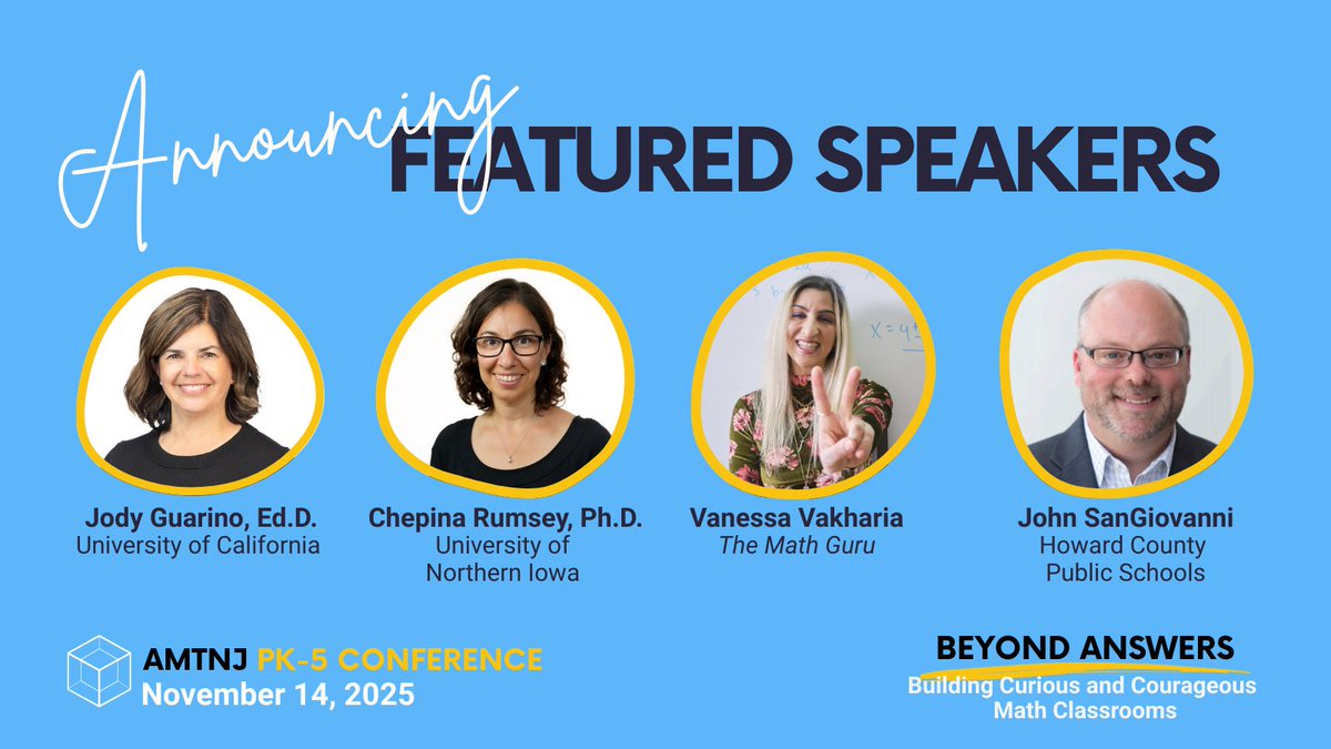 Announcing our amazing list of featured speakers: <a href="/jody_guarino/">Jody Guarino</a>, <a href="/ChepinaRumsey/">Chepina Rumsey</a>, <a href="/mathguru/">Guru B Mhanyan</a>, &amp; <a href="/JohnSanGiovanni/">John SanGiovanni</a>. Register now for AMTNJ Fall PreK-5 Conference  <a href="/BrookdaleCCNews/">BrookdaleCC</a>.
🌐 amtnj.org/conferences
#AMTNJFall25 #LearnwithAMTNJ