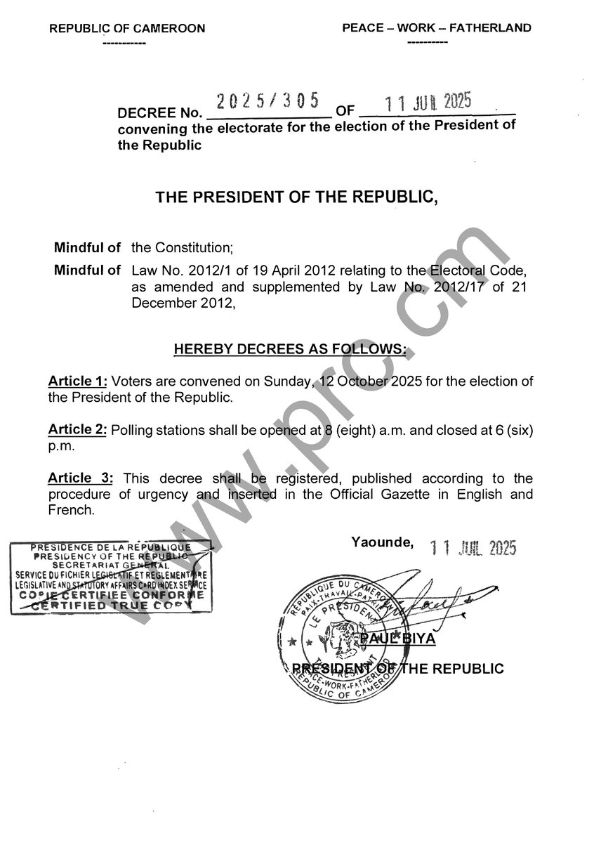 Decree convening the electorate for the election of the President of the Republic.

#PaulBiya
#Cameroon