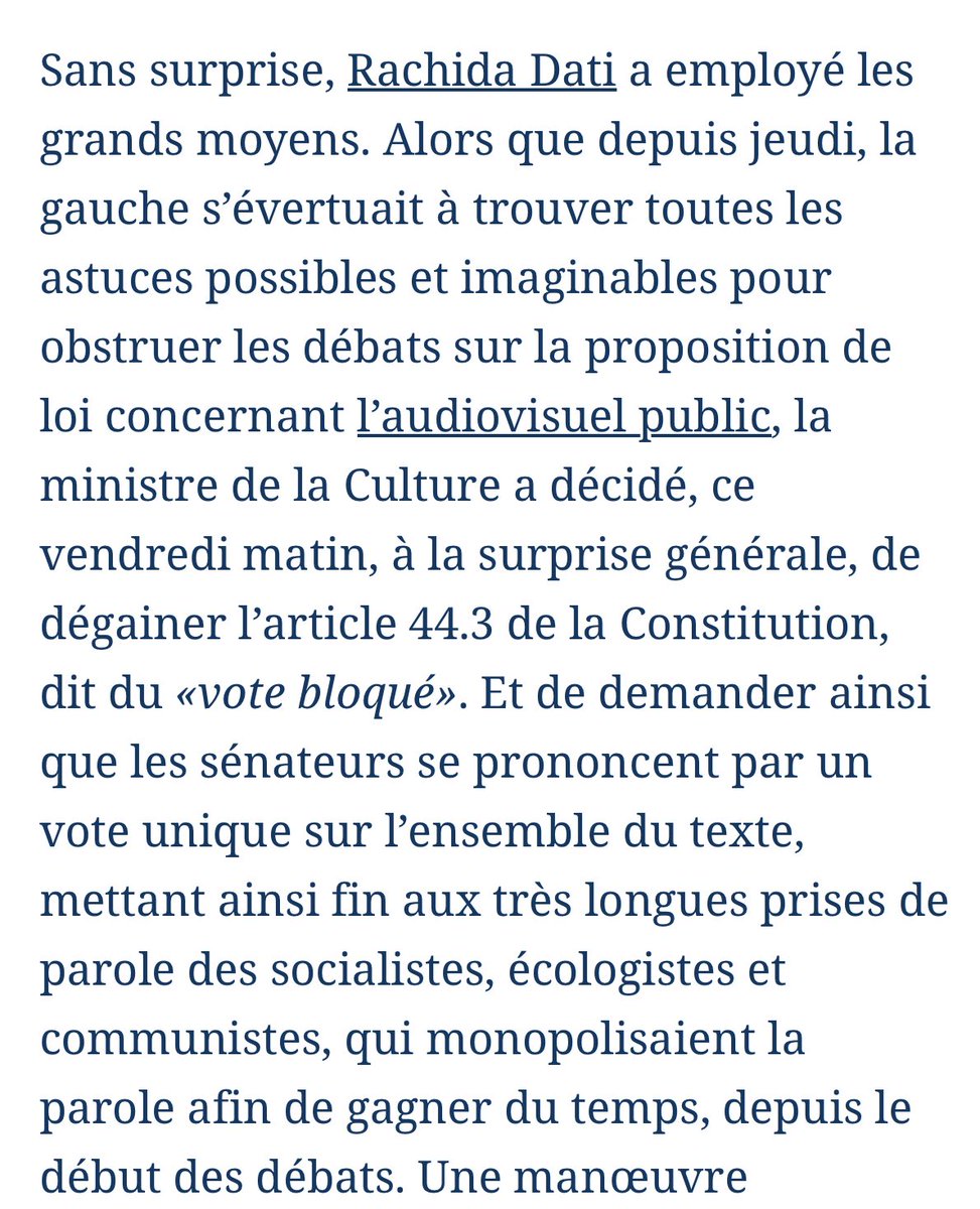 La réforme de l’audiovisuel public adoptée au Sénat avec une manœuvre inédite de Rachida Dati — le « vote bloqué » — pour accélérer les débats. 

Rendez-vous à la rentrée pour l’examen à l’Assemblée. 

lefigaro.fr/politique/c-es…