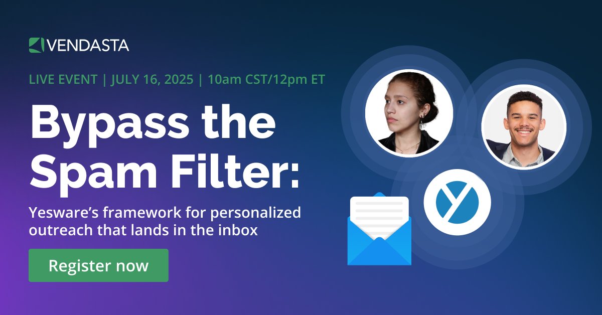 Vendasta (@vendasta) on Twitter photo Stop ending up in spam! Your emails deserve the Inbox. Join Yesware experts on July 16th at 12 PM ET for a live webinar where we'll show you how to achieve spam-free email deliverability and master personalized outreach. Register now:  1l.ink/WTCRKMP Stop ending up in spam! Your emails deserve the Inbox. Join Yesware experts on July 16th at 12 PM ET for a live webinar where we'll show you how to achieve spam-free email deliverability and master personalized outreach. Register now:  1l.ink/WTCRKMP