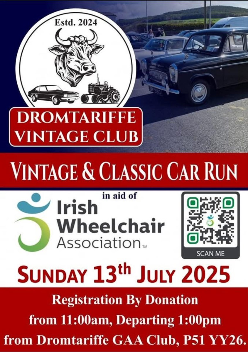 IrishWheelchair's tweet image. The sun is set to shine this Sunday – perfect weather for a spin back in time!
Join the Dromtariffe Vintage Club for a Vintage & Classic Car Run in aid of IWA
📅 Sunday 13th July
📍 Departing from Dromtariffe GAA Club (P51 YY26)
🕚 Registration from 11:00am | Roll-out at 1:00pm
