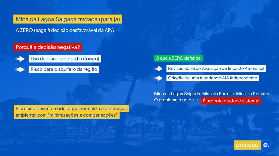 A APA deu parecer negativo à Mina da Lagoa Salgada. 

A ZERO receia que “época especial” tenha sido criada à medida para projeto passar daqui a 6 meses.

👉  zero.ong/noticias/mina-…