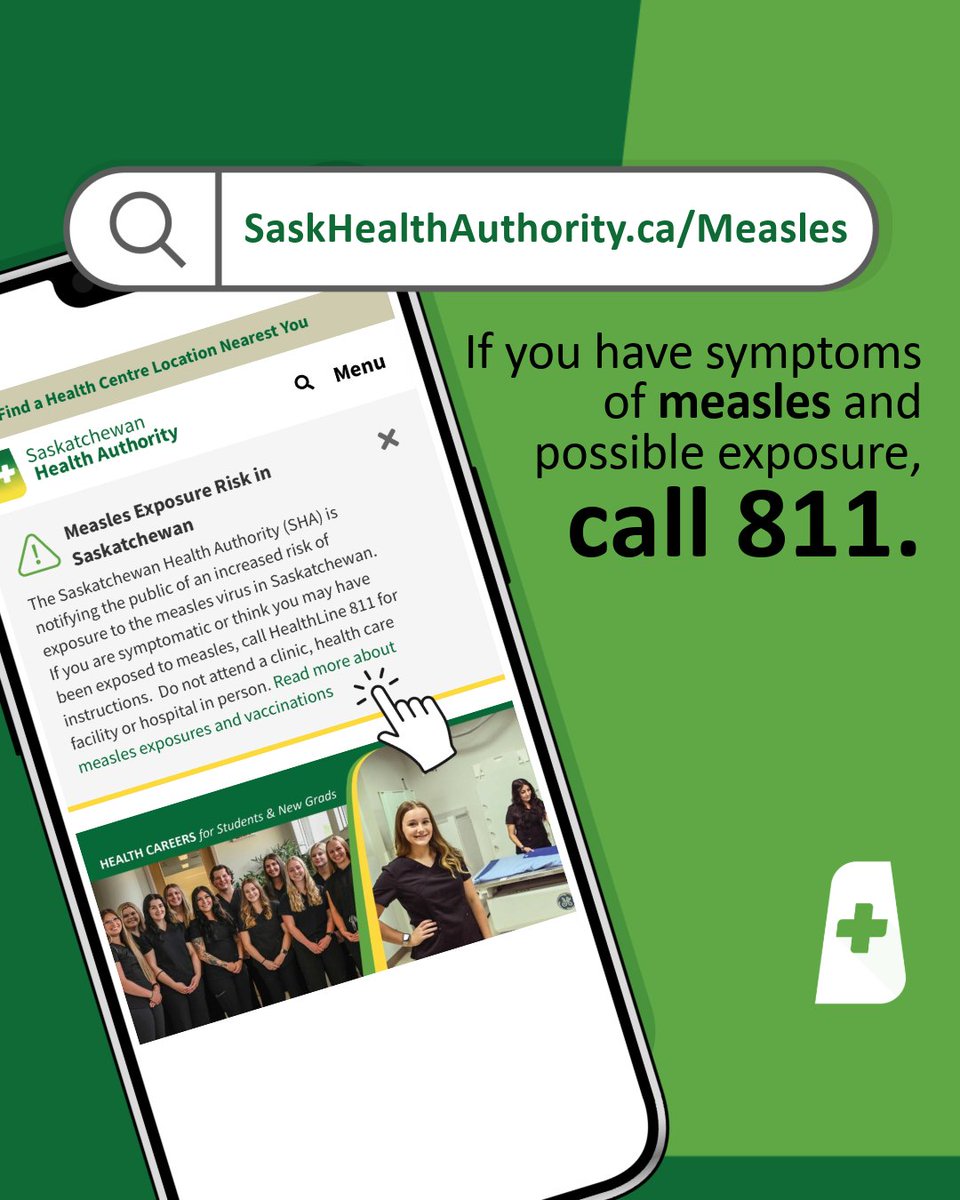 SaskHealth's tweet image. Measles exposure risk in #Rosthern. Measles is highly contagious & can spread very easily to others through the air.
See the full list of exposure risk locations & symptoms: saskhealthauthority.ca/measles
With 2 doses, measles vaccination is almost 100% effective. It is safe & free.