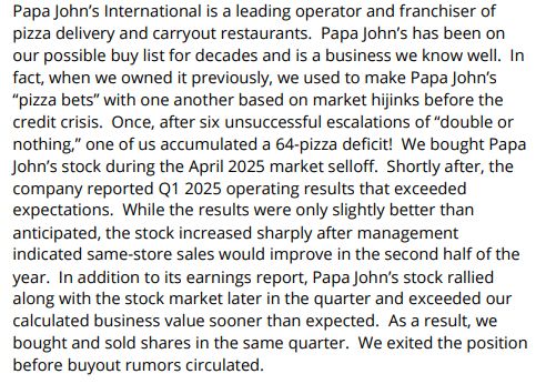 StockCompil's tweet image. Palm Valley on Papa John’s International $PZZA US
Thesis: Papa John’s International is a well-established pizza delivery and carryout restaurant operator that exceeded Q1 2025 expectations, leading to a profitable short-term investment for us.
(Extract from their Q1'25 letter)