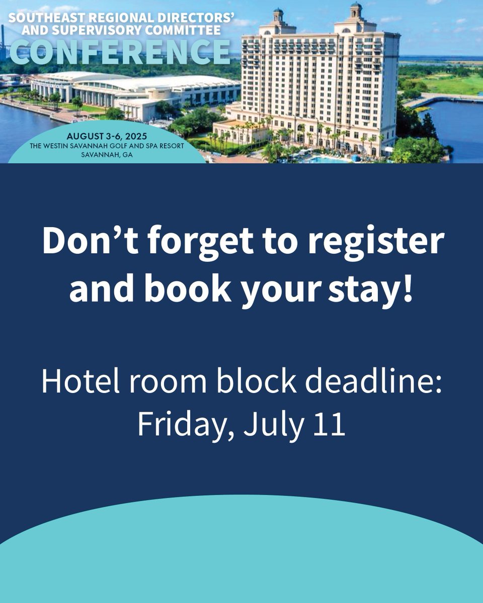 theleagueofcus's tweet image. Spots are filling fast! Don’t miss your chance to attend the Southeast Regional Directors’ and Supervisory Committee Conference, August 3–6 in Savannah, GA, at The Westin Savannah Golf and Spa Resort.
Register here: na.eventscloud.com/ereg/index.php…