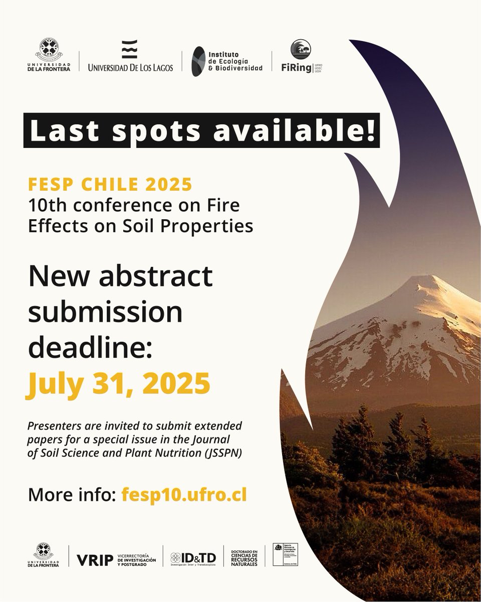 ykuzyakov's tweet image. Effects of Fire 🔥on Soil Properties
fesp10.ufro.cl
upcoming conference (November 18-21, 2025)
in a beautiful Pucon (Chile)
organized by Francisco Matus @PanchoMatusBa
et al.