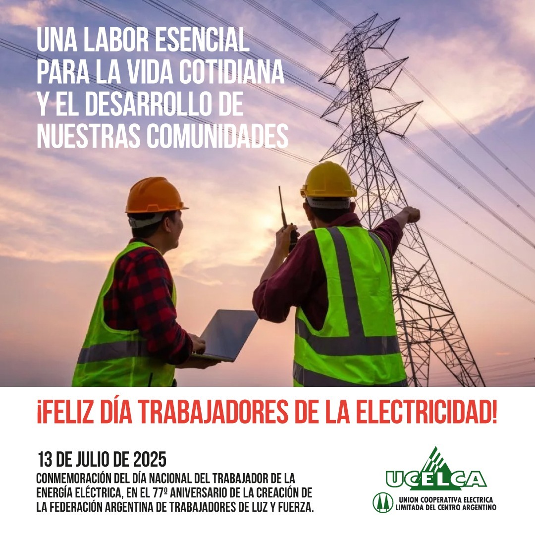 🔌 13 de julio - Día Nacional del Trabajador de la Energía Eléctrica
Hoy saludamos y agradecemos a quienes, con compromiso y profesionalismo, hacen posible que la energía eléctrica llegue a cada rincón del país ⚡
¡Feliz día! 👷‍♀️👷‍♂️
#trabajador #EnergíaEléctrica
