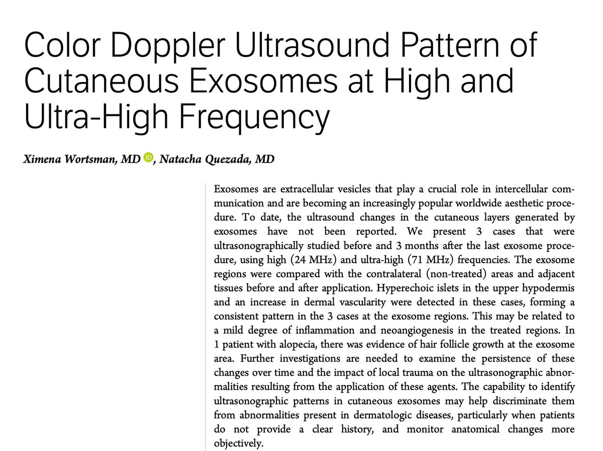 🧬✨ First Report on the Ultrasound Pattern of Cutaneous Exosomes
We are excited to share the first report on the ultrasonographic pattern of cutaneous exosomes using high (24 MHz) and ultra-high (71 MHz) frequency ultrasound.
🔬 Key findings:
✅ Hyperechoic islets detected in
