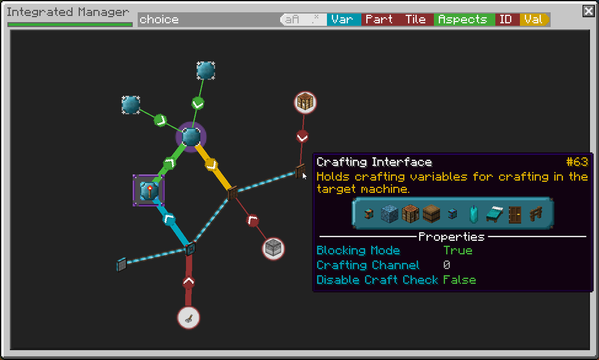 Davenonymous's tweet photo. @kroesermc Both excellent suggestions. Here's a screenshot of the current state of the mod.
A lever decides between a recipe in a crafting interface.
I've selected the "read redstone boolean" variable, which causes the involved path to be highlighted.
Also: search works. https://t.co/awvZarobn3