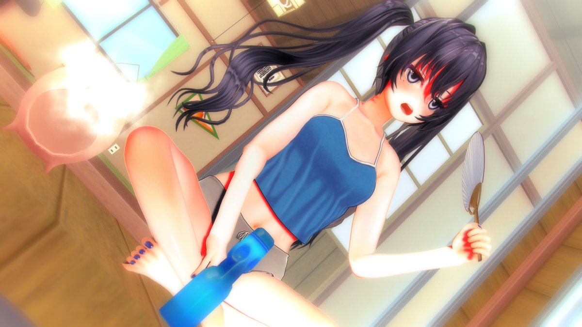 #COM3D2 #カスタムオーダーメイド3D2
#cm3d版深夜の真剣エディット60分一本勝負 
お題｢下着 うちわ 黒髪」今日は涼しかった
魅墨「あづいのだわ～～🌞まだ七月なのに……。」
美玲「魅墨、おじさんみたいだよ？」
魅墨「もう終わりだよこの国なのだわ～～🌞」