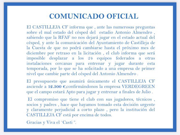 ppcastilleja's tweet photo. ⚠️ El @castilleja_cf paga 12.500 € de su bolsillo por la dejación del Ayuntamiento.

❌ El césped del estadio, inservible, y la licitación llega tarde.

⚽️ 24 equipos federados afectados.

💙 Desde el PP exigimos responsabilidad y apoyo real al deporte local.

#Castilleja https://t.co/4QSwv46BsF