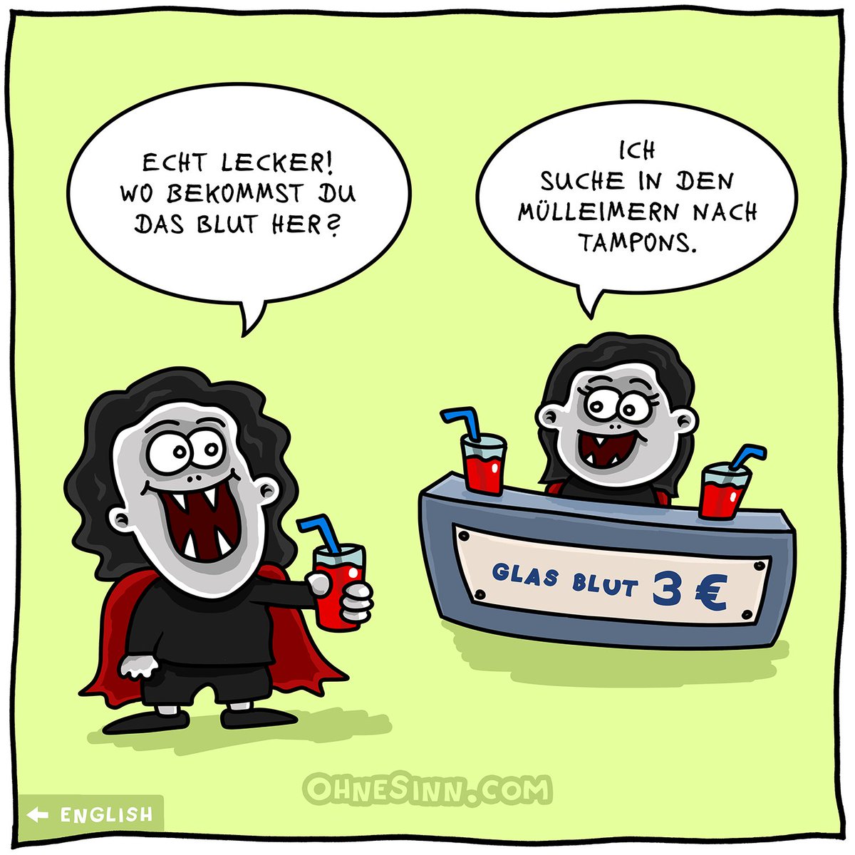 ohnesinncom's tweet photo. Cartoon 132:
🇺🇸 🇬🇧 🇨🇦 A drink for vampires
🇩🇪 🇦🇹 🇨🇭 Ein Drink für Vampire

#blood #vampires #tampon #glass #pocketmoney #Blut #Vampire  #Glas #Taschengeld #onepanelcomic #cartoon #cartoons #comic #comicstrip #fun #funny #humor #ohnesinncom #uselesscartoons https://t.co/jMEijfrQ9f