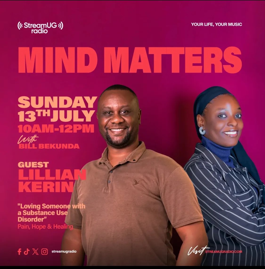 StreamUGRadio's tweet photo. 🧠 MIND MATTERS This Sunday, 13th July | 10AM–12PM
🎙️ @bill_bekunda
👥: @LillianKerin
: “Loving Someone with a Substance Use Disorder”
💔 Pain. 💡 Hope. ❤️ Healing.
Real Talk!.
🎧 Tune in: https://t.co/o63qZLNp5x
#StreamUGRadio #MentalHealthUG #NotJustMusic #HealingJourney https://t.co/HpohKCLynO