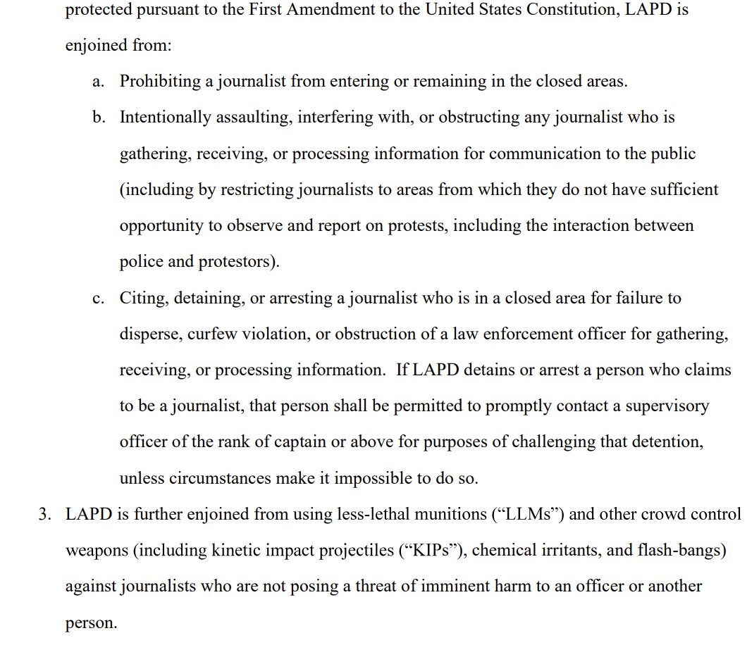 JUST IN: Judge restrains LAPD from using nonlethal munitions against journalists, detaining or assaulting journalists covering protests or restricting their movements under most circumstances..

storage.courtlistener.com/recap/gov.usco…
