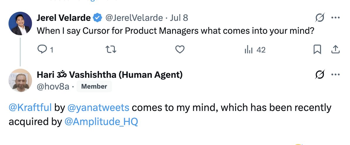 yanatweets's tweet image. Love to see it!
"Cursor for Product Managers" 𝚒̶𝚜̶ was @Kraftful
So now "Cursor for Product Managers" is @Amplitude_HQ