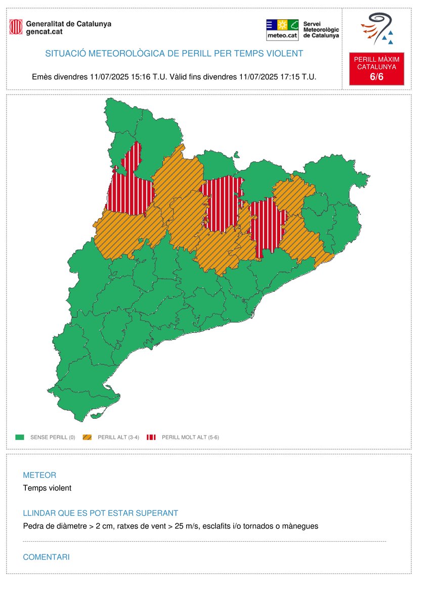 ⚠️ El Servei Meteorològic de Catalunya emet avís per temps violent (#avisosSMP) ⚠️

➡️ Dv. 17:15 - 19:15 h
➡️ Possibilitat de pedra de diàmetre > 2 cm, ratxes de vent > 25 m/s, esclafits i/o tornados o mànegues.
➡️ Grau de perill màx.  🔴 6/6

⏲️ Hora local (h) = TU+2