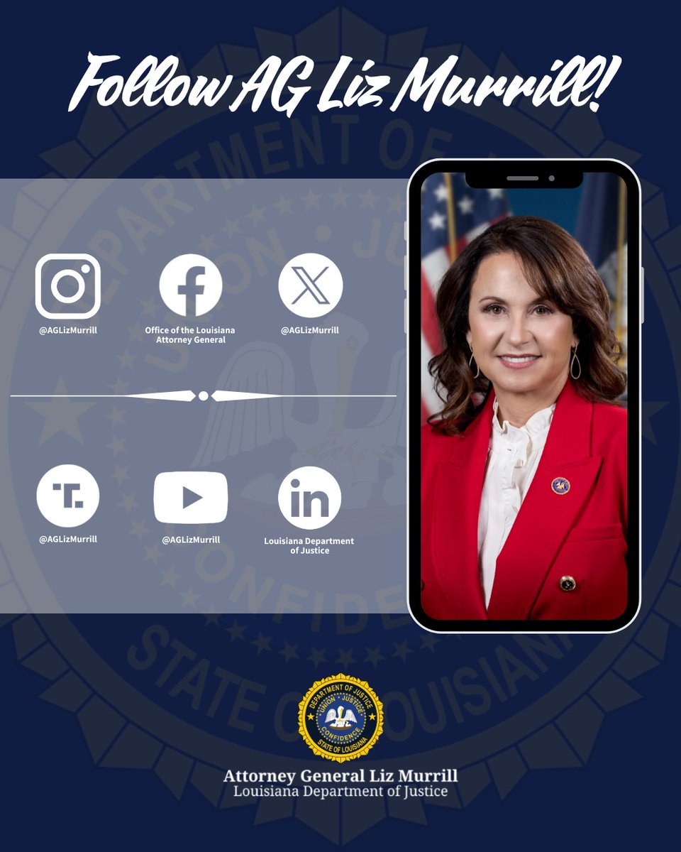 AGLizMurrill's tweet image. Be sure to follow along on all your favorite social media platforms!
🔗Facebook: facebook.com/AGLizMurrill
🔗Instagram: instagram.com/aglizmurrill/
🔗Truth Social: truthsocial.com/@AGLizMurrill
🔗LinkedIn: linkedin.com/company/thelou…
🔗Youtube: youtube.com/@AGLizMurrill