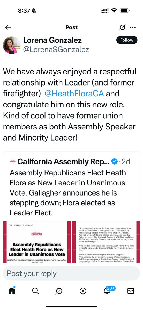 Richard Grenell (@richardgrenell) on Twitter photo Radical Lefty <a href="/LorenaSGonzalez/">Lorena Gonzalez</a> won’t let you comment or RT her enthusiastic support for the new (ugh!) Republican Leader in Sacramento.
Heath is a disastrous pick for the Republicans.
He’s so swampy.
Sacramento Republicans need an overhaul. Radical Lefty <a href="/LorenaSGonzalez/">Lorena Gonzalez</a> won’t let you comment or RT her enthusiastic support for the new (ugh!) Republican Leader in Sacramento.
Heath is a disastrous pick for the Republicans.
He’s so swampy.
Sacramento Republicans need an overhaul.
