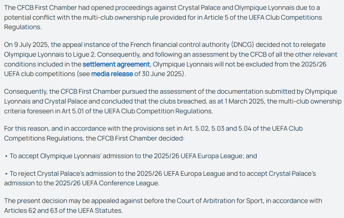 OliveiraRafa's tweet image. Uefa confirmou que Lyon e Crystal Palace não poderão jogar o mesmo torneio. Com isso, o Palace cai para a vaga da Conference, enquanto o Nottingham Forest sobe para a Europa League. Ainda cabe recurso.
O fato é que na era das multipropriedades, mais que uma escolha de mudança de…