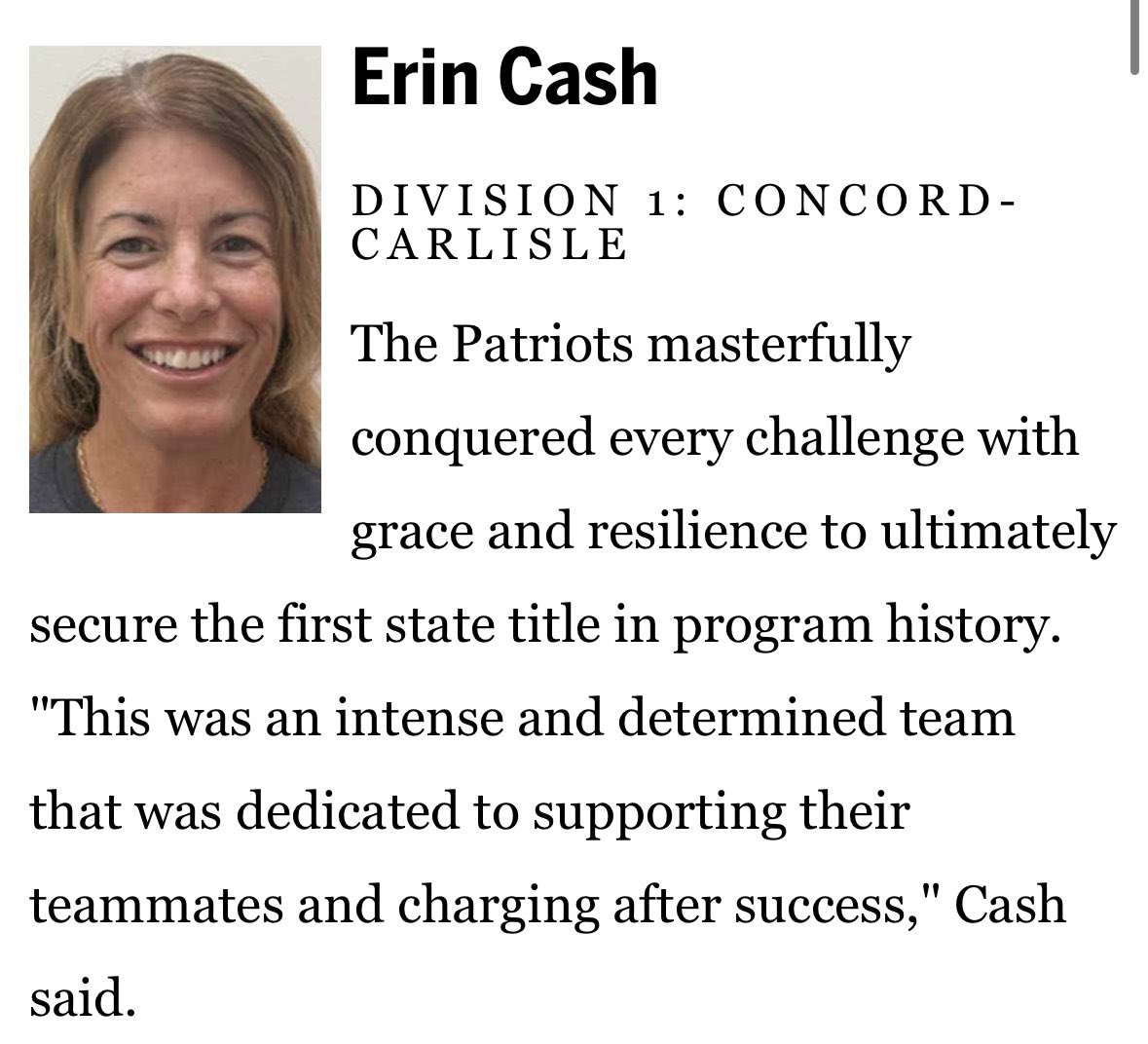 Trevor Hass (@trevorhass) on Twitter photo Division 1 girlsā lacrosse Coach of the Year: Erin Cash, Concord-Carlisle: bostonglobe.com/sports/high-sc⦠<a href="/GlobeSchools/">Boston Globe Schools</a> <a href="/CCPatsAD/">Concord-Carlisle High School Athletics</a> Division 1 girlsā lacrosse Coach of the Year: Erin Cash, Concord-Carlisle: bostonglobe.com/sports/high-sc⦠<a href="/GlobeSchools/">Boston Globe Schools</a> <a href="/CCPatsAD/">Concord-Carlisle High School Athletics</a>