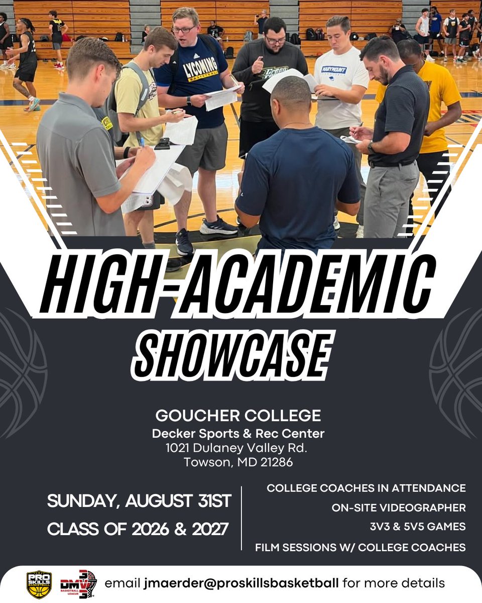 Pro Skills Washington DC (@proskillsdc) on Twitter photo 📚🏀 High-Academic Showcase 🏀📚
Rising juniors & seniors — get coached & evaluated by 20+ college coaches.
🎥 Video coverage
🏀 3v3 & 5v5 games
📍 Goucher College | Towson, MD
Hoop smart. Play hard. Be seen.
Email jmaerder@proskillsbasketball.com for details! 📚🏀 High-Academic Showcase 🏀📚
Rising juniors & seniors — get coached & evaluated by 20+ college coaches.
🎥 Video coverage
🏀 3v3 & 5v5 games
📍 Goucher College | Towson, MD
Hoop smart. Play hard. Be seen.
Email jmaerder@proskillsbasketball.com for details!