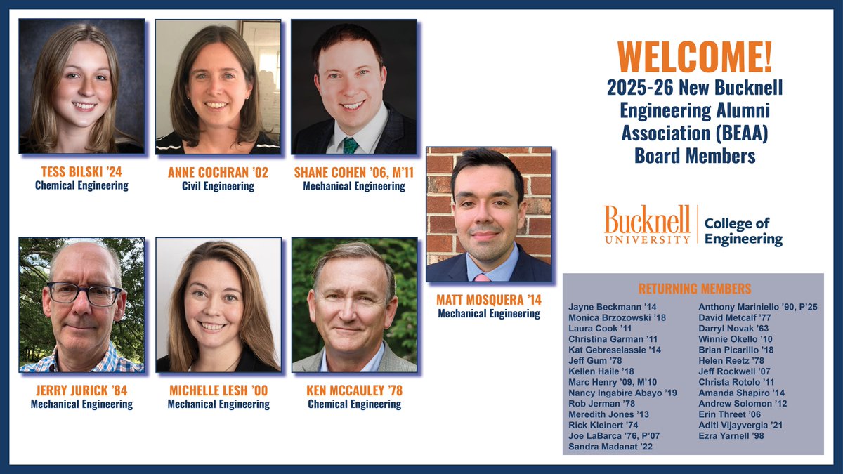 We’re welcoming seven new members to the Bucknell Engineering Alumni Association (BEAA) Board for 2025-26. We look forward to their contributions!

Learn more about the BEAA: bucknell.edu/azdirectory/ce…
