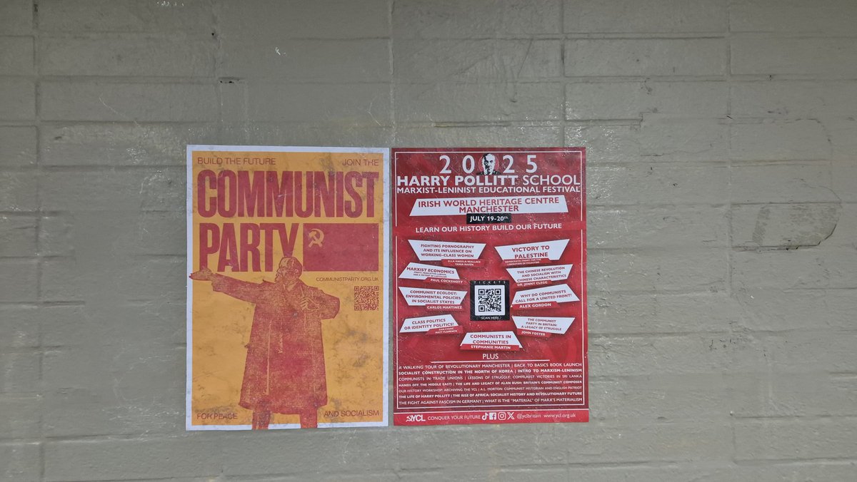 yclyorkshire's tweet photo. Harry Pollitt School at Manchester on the 19th–20th July this year. Posters across Sheffield advertising the event were spotted today — spreading the word for a weekend of discussion, and working-class organisation. 📚🚩

Get tickets on the bio or shoot us a msg for more details! https://t.co/mc3lTGJwP3