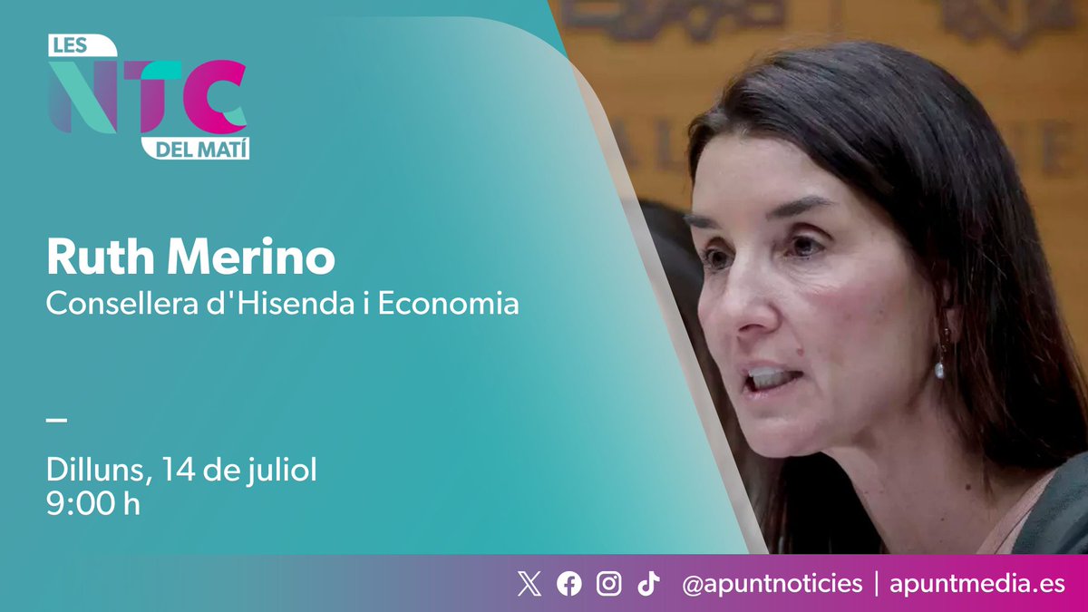 Les notícies del matí (@ntcdelmati) on Twitter photo 📡 Dilluns entrevistem Ruth Merino (<a href="/rut_merino/">Ruth Merino</a>), consellera d'Hisenda i Economia (GVAhisenda).
🗣️ Amb <a href="/eduard_urena/">Eduard Ureña</a>, <a href="/egraullera/">Elvira Graullera</a> i <a href="/VictorRomeroEC/">Víctor Romero</a> en la tertúlia.
⏰ 09:00 h
📻 web.apunt.es/RàdioEnDirecte
📺 web.apunt.es/DirecteTV 📡 Dilluns entrevistem Ruth Merino (<a href="/rut_merino/">Ruth Merino</a>), consellera d'Hisenda i Economia (GVAhisenda).
🗣️ Amb <a href="/eduard_urena/">Eduard Ureña</a>, <a href="/egraullera/">Elvira Graullera</a> i <a href="/VictorRomeroEC/">Víctor Romero</a> en la tertúlia.
⏰ 09:00 h
📻 web.apunt.es/RàdioEnDirecte
📺 web.apunt.es/DirecteTV