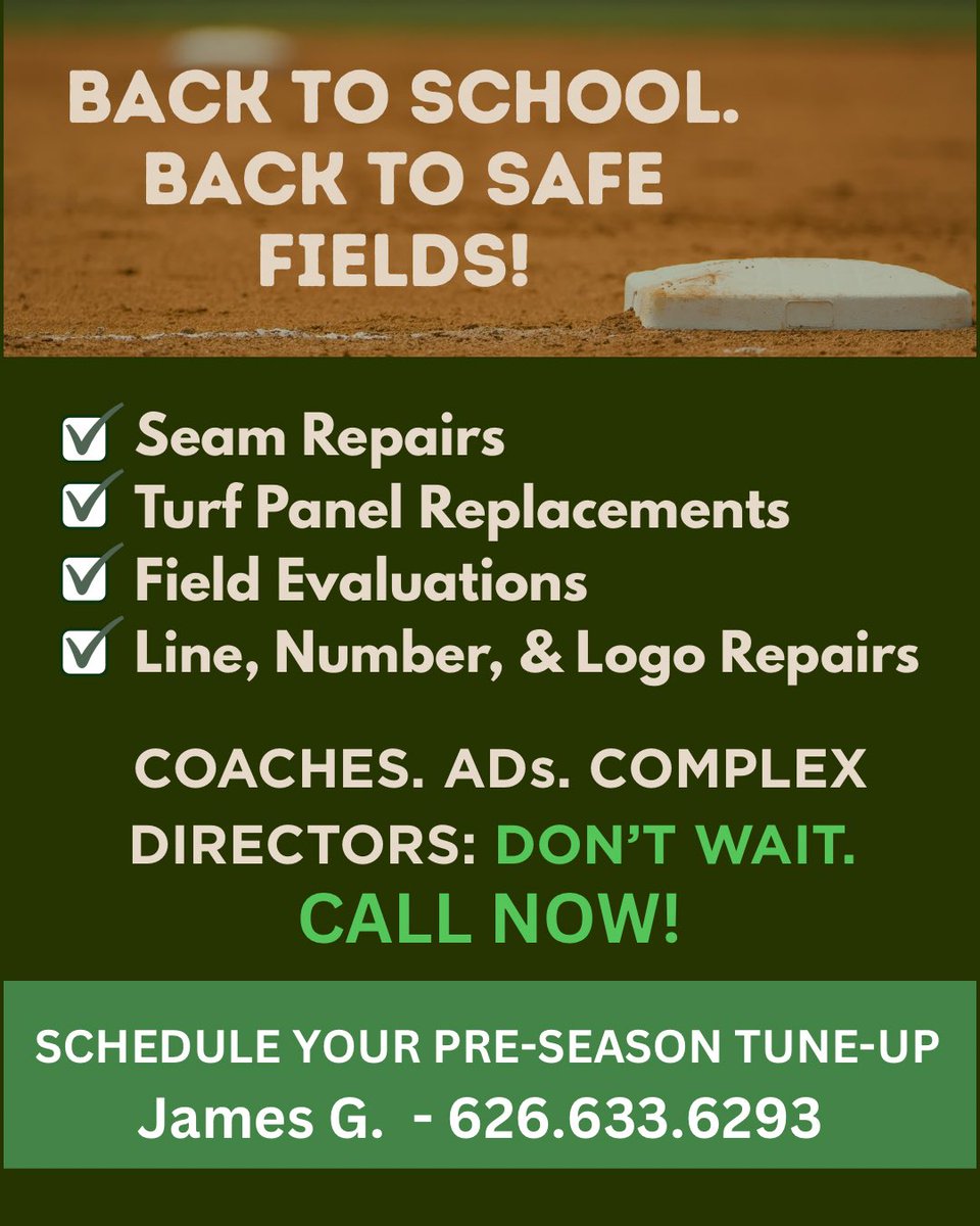 📚✂️ Back to School = Back to Safe Fields! 
New season, new standards — don’t let worn turf slow you down. 🏈⚾️
📞 Call now to schedule your field repair before the season kicks off!