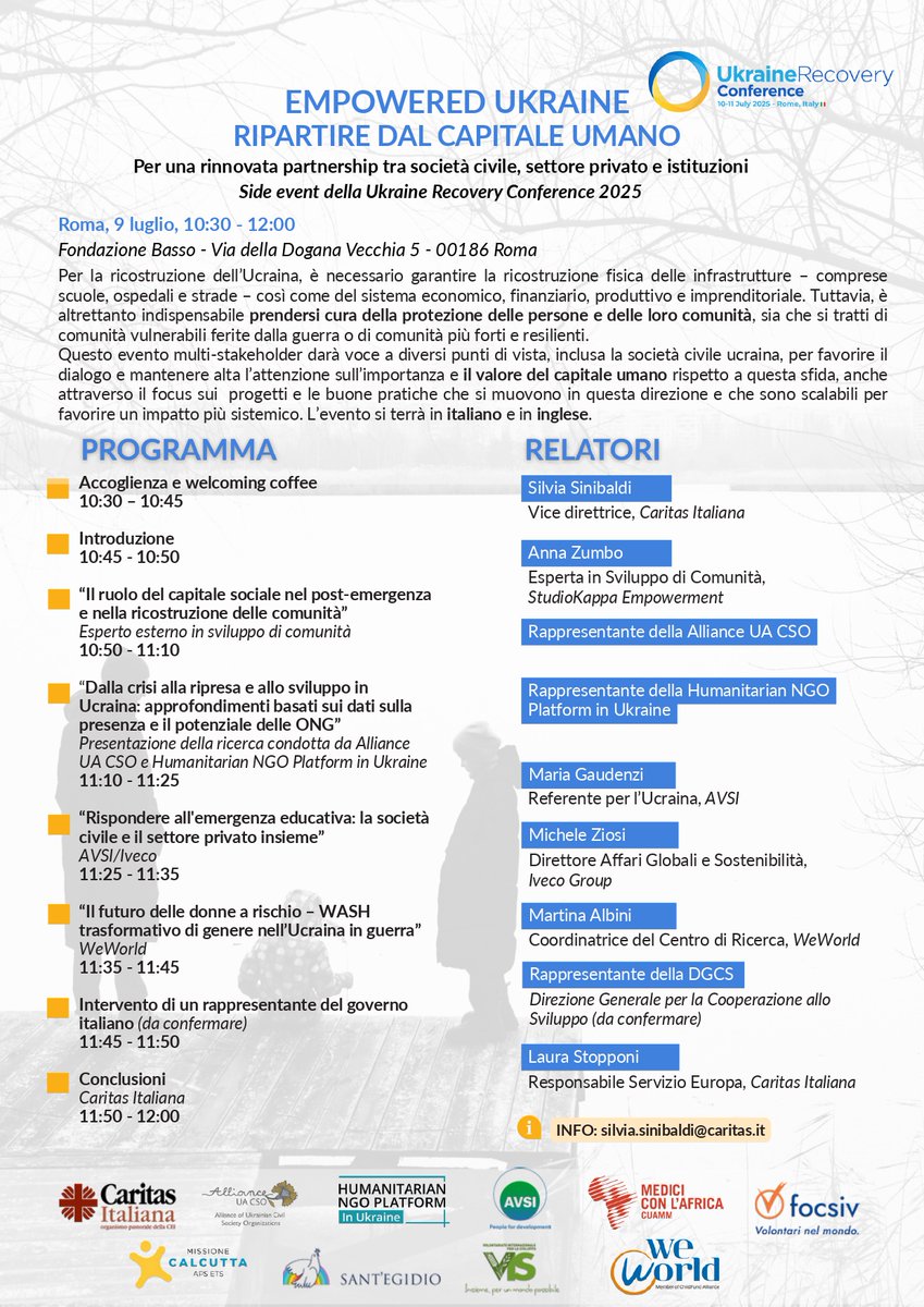Cuamm's tweet photo. Anche #Cuamm alla IV Conferenza per la ricostruzione dell'Ucraina, #URC2025.
Insieme a partner del terzo settore, abbiamo preso parte a "Empowered Ukraine. Ripartire dal capitale umano": un side event per portare i bisogni delle persone al centro del dibattito sulla ricostruzione https://t.co/aMWxCnKvvy