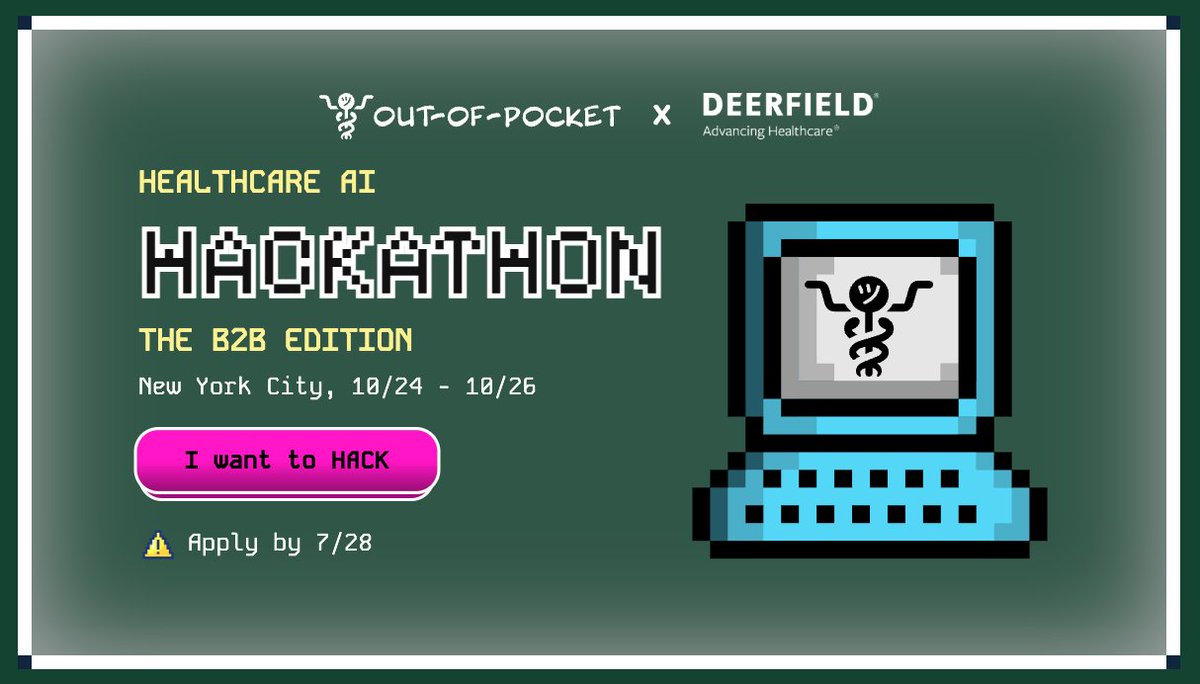nikillinit's tweet image. Excited to announce our next hackathon...with the crossover you least expected
Out-Of-Pocket and Deerfield are combining forces for our AI hackathon: the B2B edition. It's going to be from 10/24 - 10/26 in NYC.
We’re going to bring together a bunch of healthcare companies to…