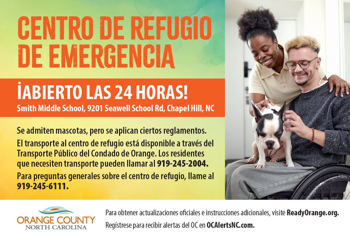 A public shelter is open at Smith Middle School, located at 9201 Seawell School Rd, Chapel Hill, NC. Residents who have been displaced or are unable to safely remain in their homes are encouraged to seek refuge at the facility.
readyorange.org