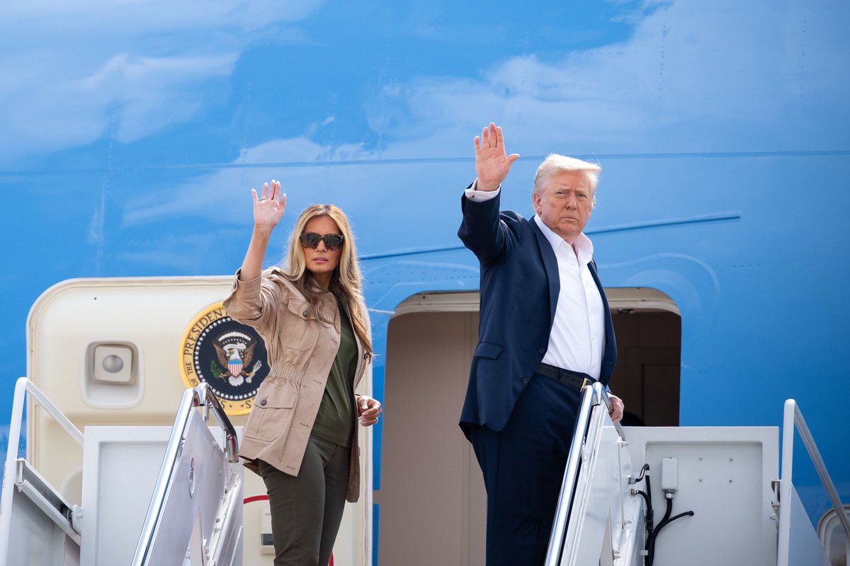 FirstLadyOffice's tweet image. The @FLOTUS and @POTUS have departed for Texas to pay their respects to grieving families and meet with first responders and local officials following devastating floods.