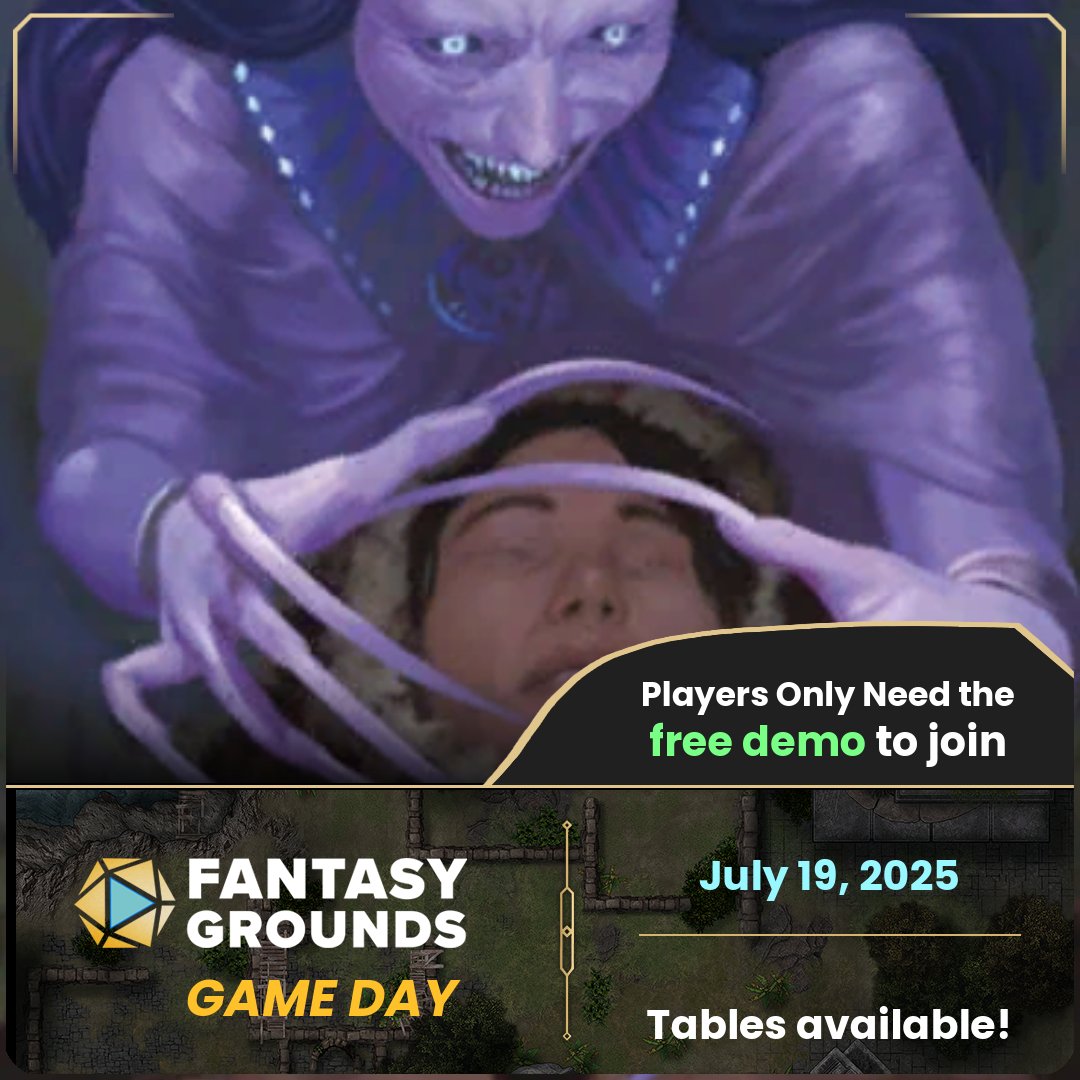 🎲 Fantasy Grounds Game Day on July 19th!

Join free one-shot RPG adventures run by our amazing community! 
Sign-ups are open now on Warhorn.
Spots fill fast, so do not miss out! 🗓️🛡️

warhorn.net/events/fantasy…