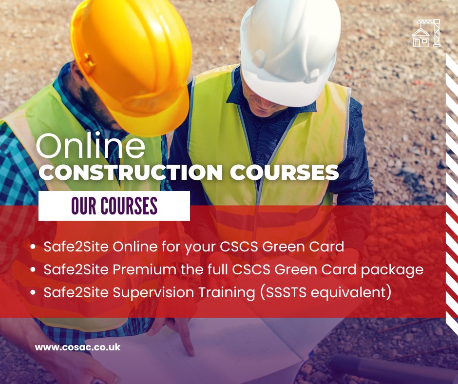 📢 Build your career from the ground up — online.

👷‍♂️ Safe2Site #CSCS Green Card
📦 Safe2Site Premium – full CSCS package
🛠️ Safe2Site Supervision (#SSSTS alternative)

✅ 100% online | #CITB-Approved | Trusted across UK

🔗 cosac.co.uk

#CSCS #ConstructionTraining