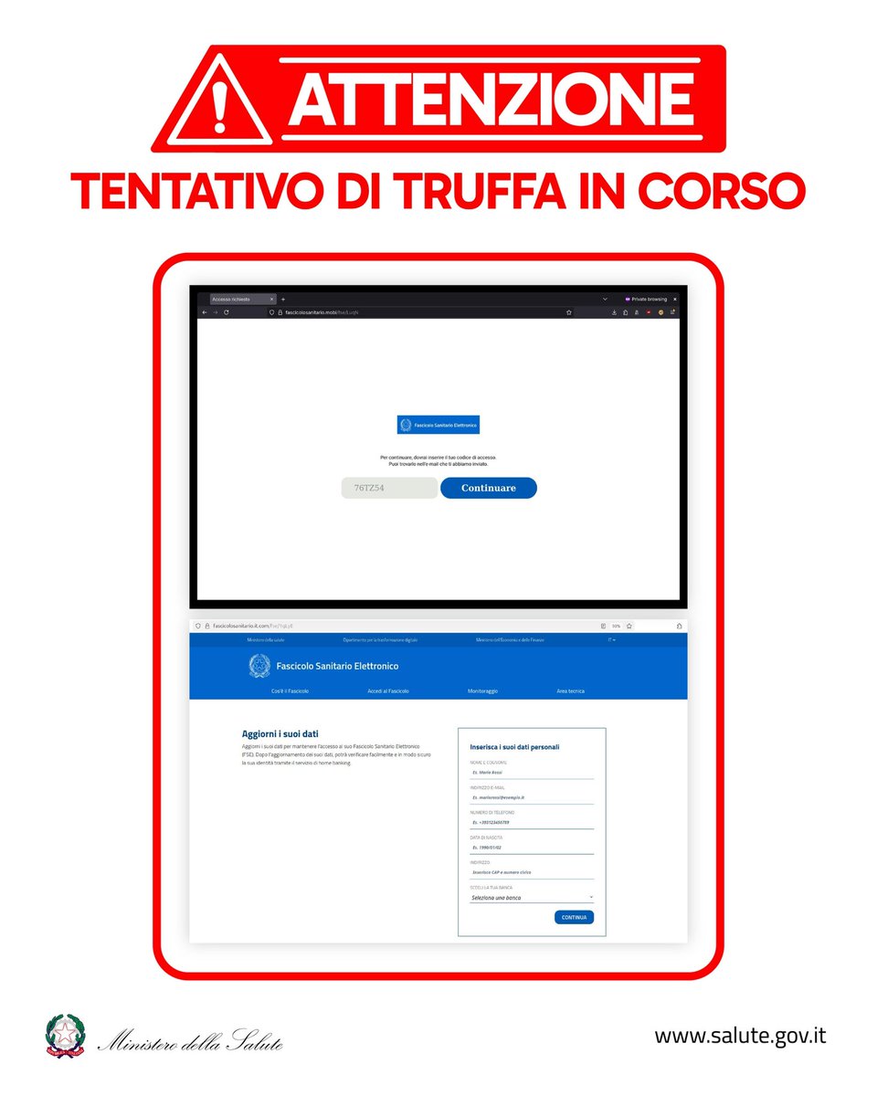 ⚠️‼️Attenzione: Stanno circolando false email a nome del Ministero della Salute per ottenere dati personali e finanziari con la scusa di mantenere attivo il Fascicolo Sanitario Elettronico.

👉 Non cliccate sui link, non fornite dati e cancellate immediatamente il messaggio.
