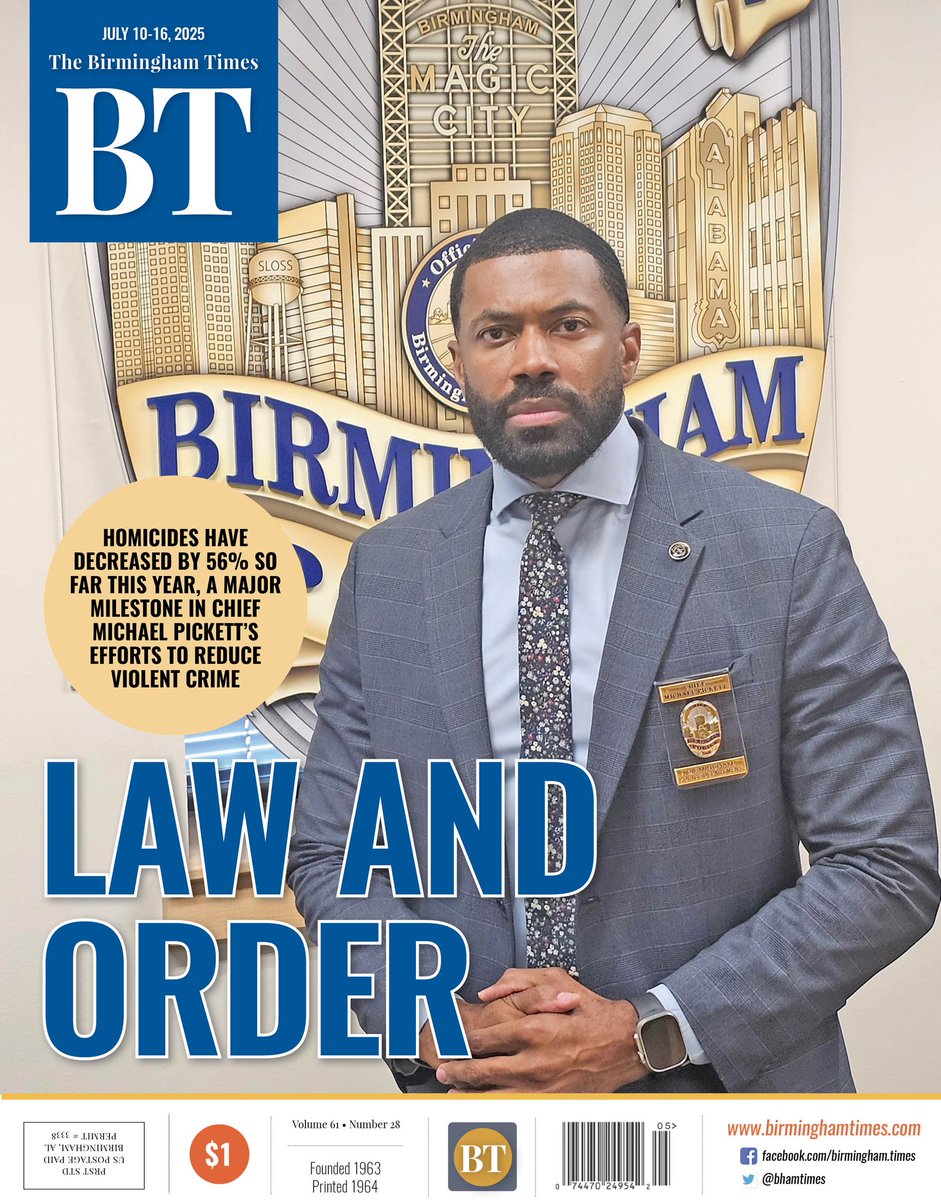 BarnettWright's tweet image. Cover of this week's @BhamTimes print issue featuring @BhamPolice Chief Michael Pickett on the city's 56% reduction in homicides in the first half of 2025 and how community partnerships have helped.
birminghamtimes.com/2025/07/homici…