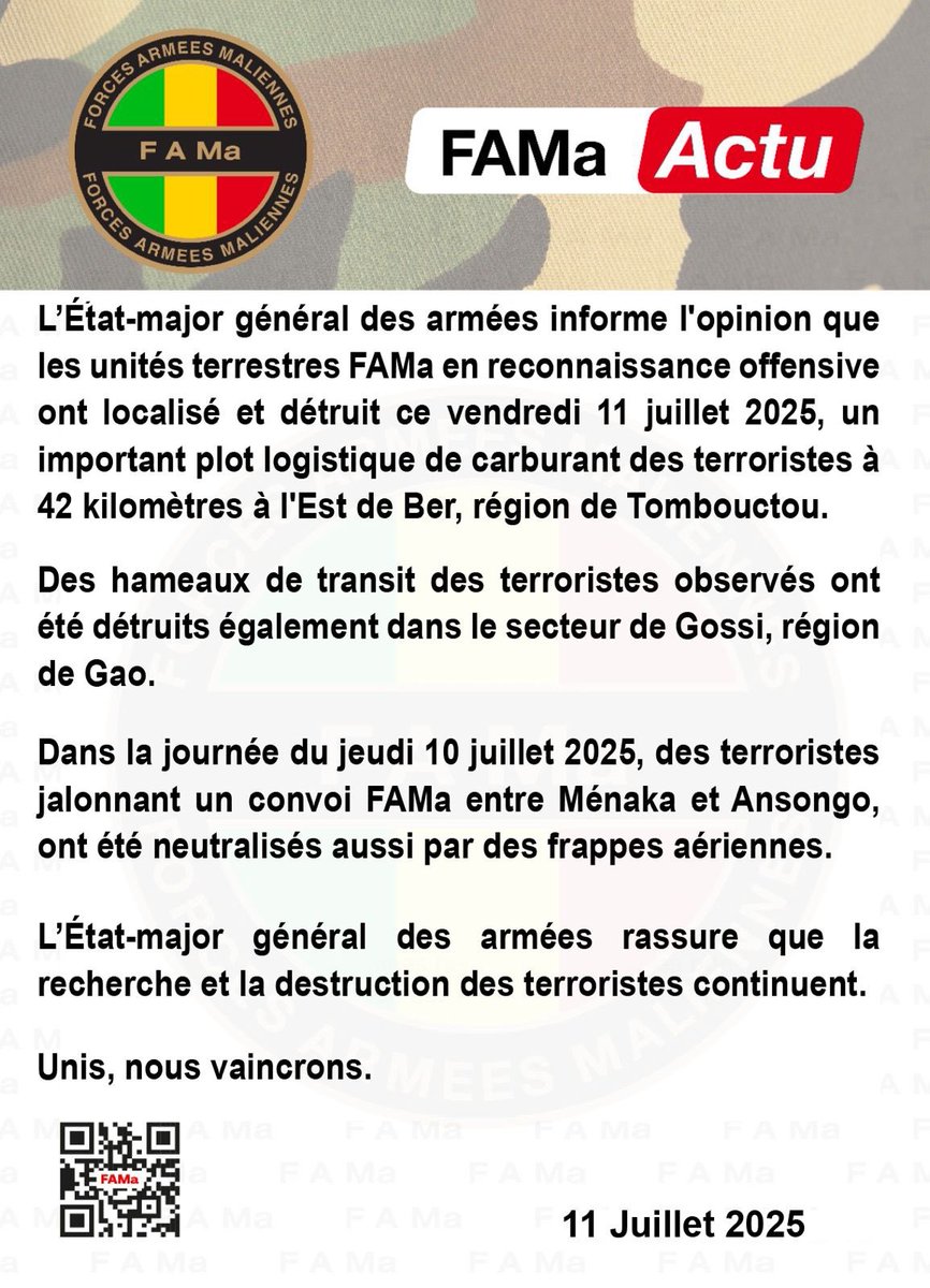 DirpaFa's tweet image. #FAMaActu
L'État-major général des armées informe l'opinion que les unités terrestres FAMa en reconnaissance offensive ont localisé et détruit ce vendredi 11 juillet 2025, un important plot logistique de carburant des terroristes à 42 kilomètres à l'Est de Ber,