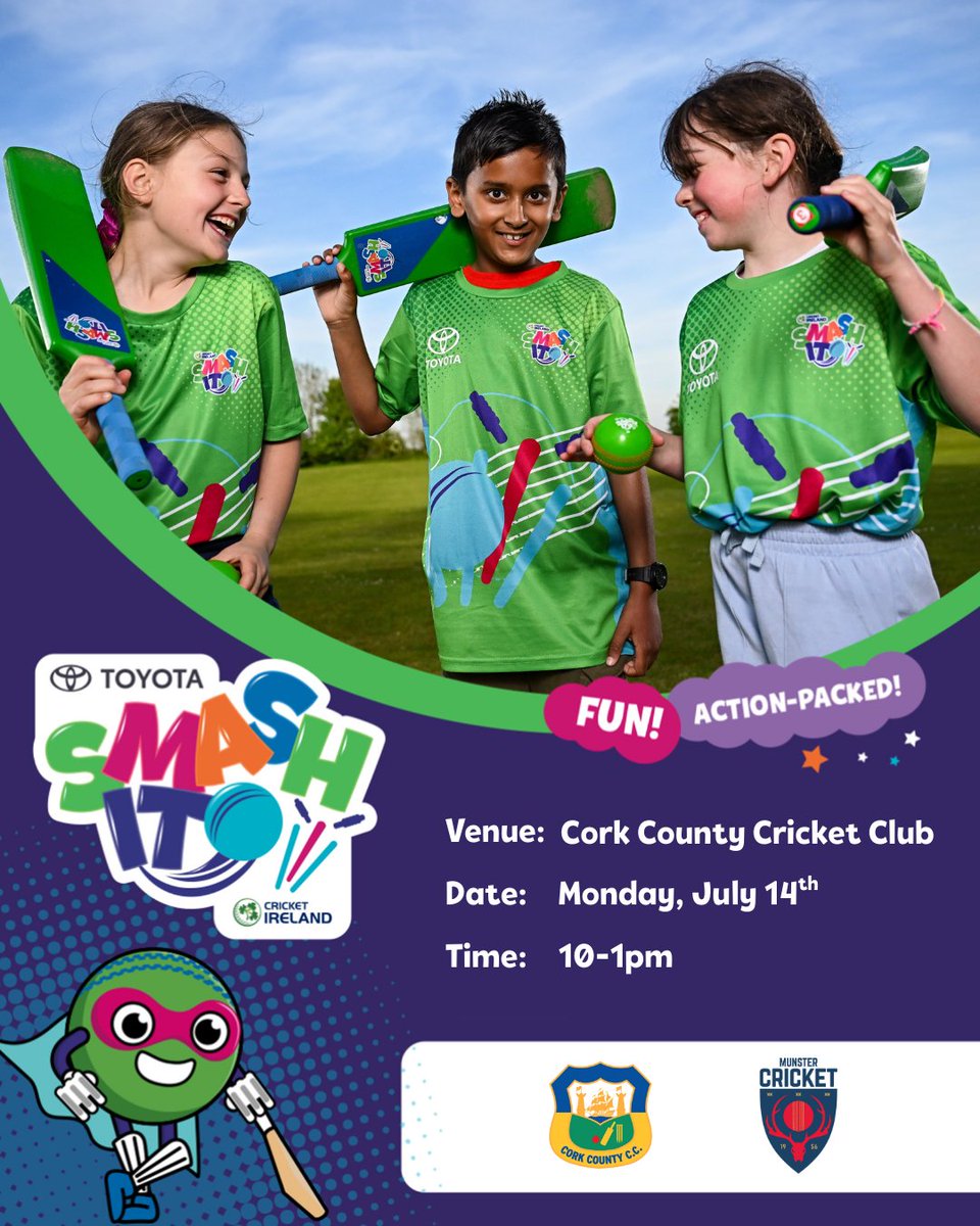 CIParticipation's tweet image. 🏏 𝐒𝐦𝐚𝐬𝐡 𝐈𝐭 is landing at @Cork_CountyCC!

Cricket for 5–9 year olds — games, friends, and loads of fun! 🤩

🗓️ Monday, July 14th | ⏰ 10am-1pm
👉 Sign up: mycricket.sport80.com/public/wizard/…

#SmashIt #StartWithSmashIt #CricketIreland @MunsterCricket