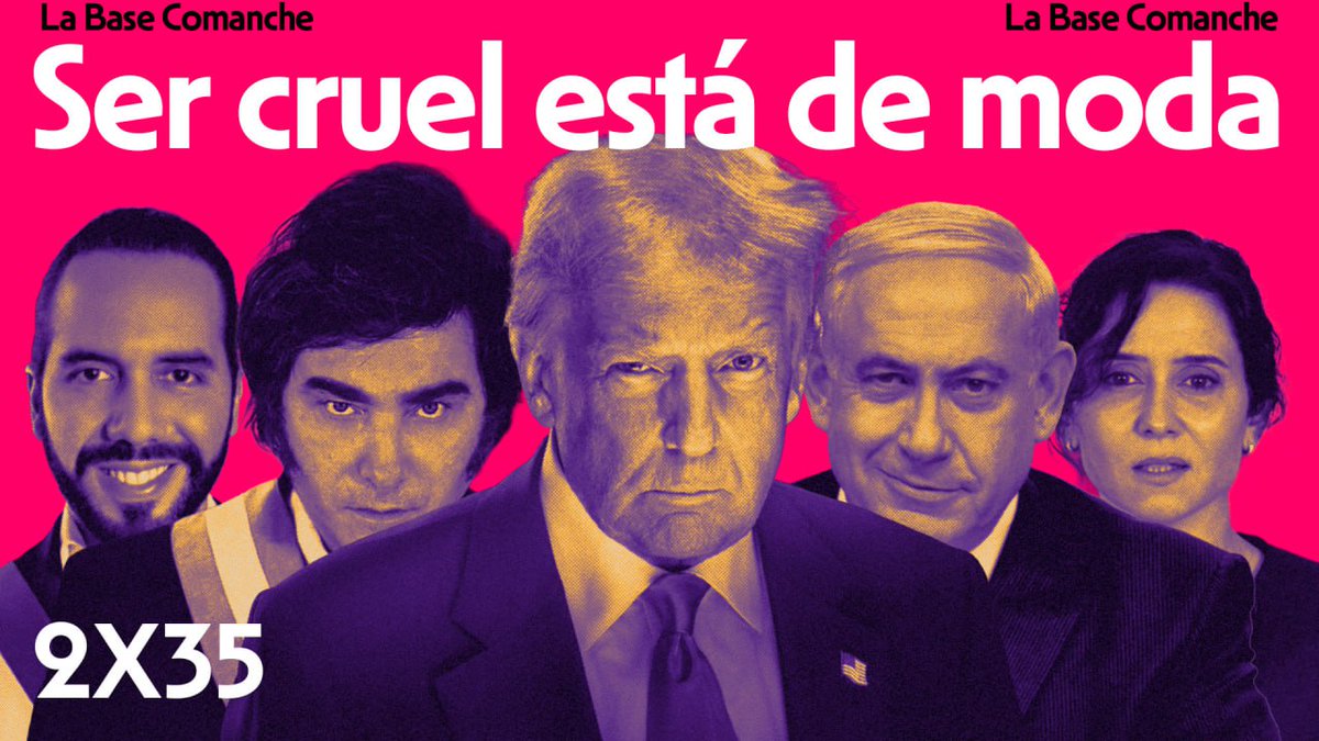 LaBase_TV's tweet photo. Hoy en La Base Comanche hablamos de la crueldad como lenguaje que une las políticas y discursos de Trump, Milei, Bukele, Ayuso, etc. 

¿Por qué ser cruel se ha puesto de moda? ¿De qué caldo de cultivo bebe esta crueldad como paradigma? 

📺 https://t.co/PMBGMsKjIV

🎙 https://t.co/ysie4ZnPnS