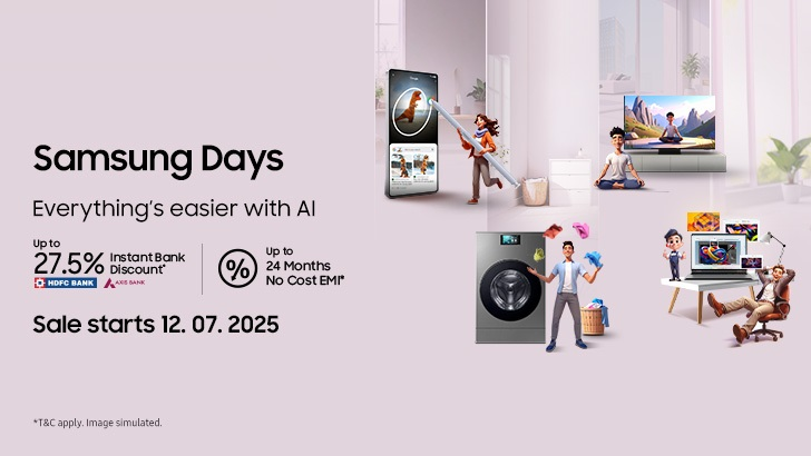 game_x_tech's tweet photo. Samsung Days Mega Sale kicks off July 12–18 on https://t.co/9wGlmXU6Vr, app &amp; Experience Stores!

🎉 Get up to 41% off on Galaxy S25/S24 series, laptops 35%, tab &amp; wearables up to 65%.

🎁 Extra ₹15,000 off on Z Fold7/Flip7+ Watch8 bundle.

🔗 Read more: https://t.co/fMjndG51S6 https://t.co/c9gptxSYx5