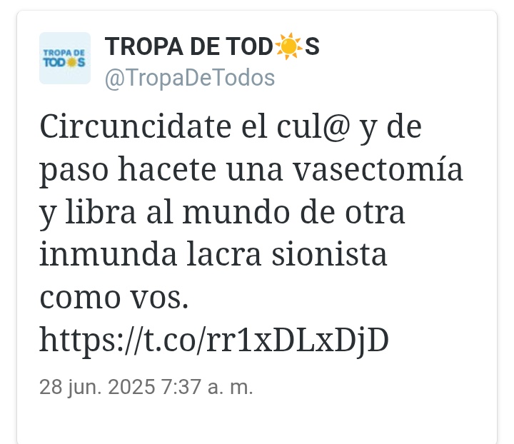 <a href="/TropaDeTodos/">TROPA DE TOD☀️S</a> la palabra sionista o sionistas asesinos, o sionistas inmundos o cualquier crítica hacia todo régimen asesino de sionistas es considerado discurso violento en Twitter, pero que ellos el gobierno sionista asesino de Netanyahu lleve a cabo un genocidio no es violencia